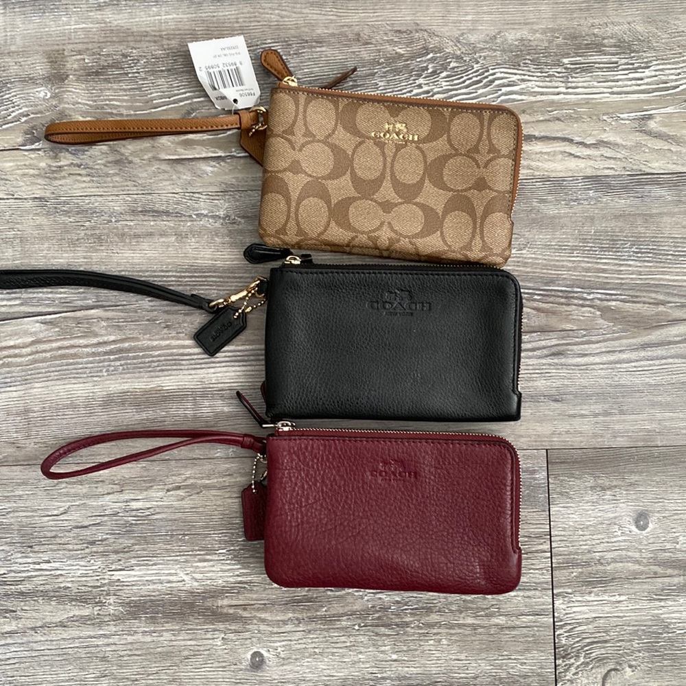 Coach khaki saddle, black saddle, and burgundy saddle